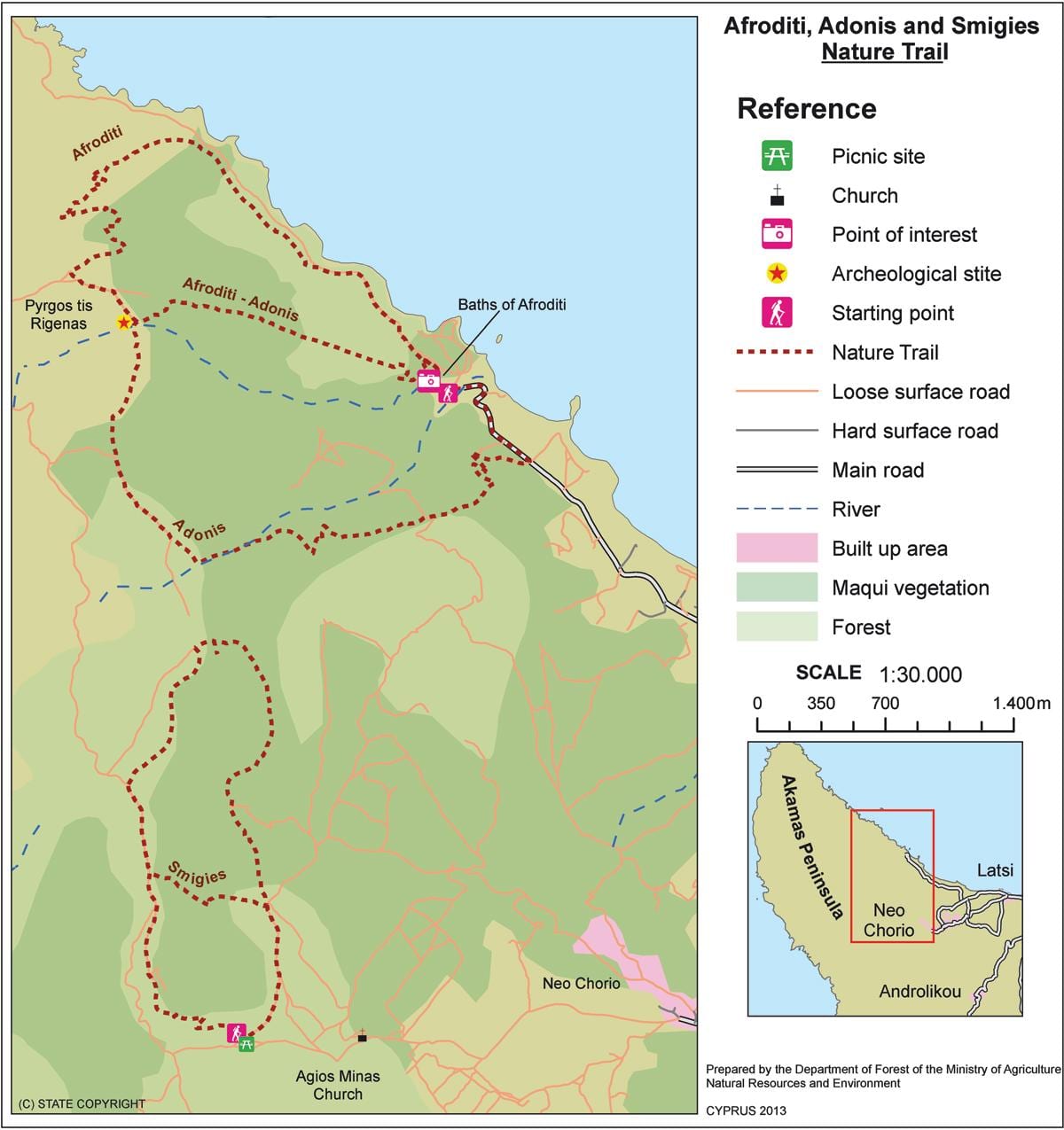 Mapa aphrodite trail Kypru 