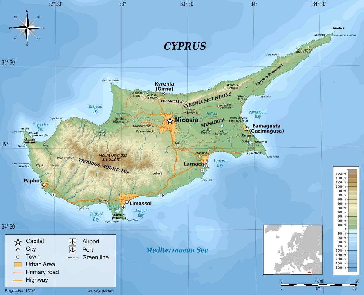 Mapa Kypru fyzické