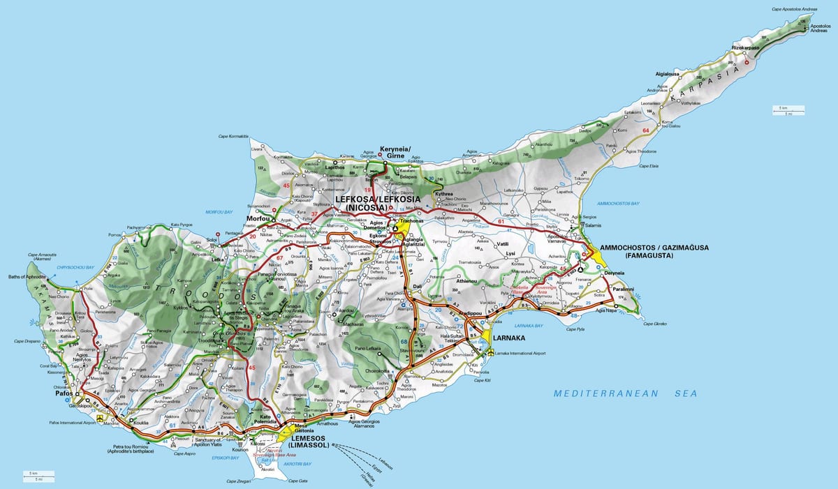 Mapa Kypru hraničních přechodech