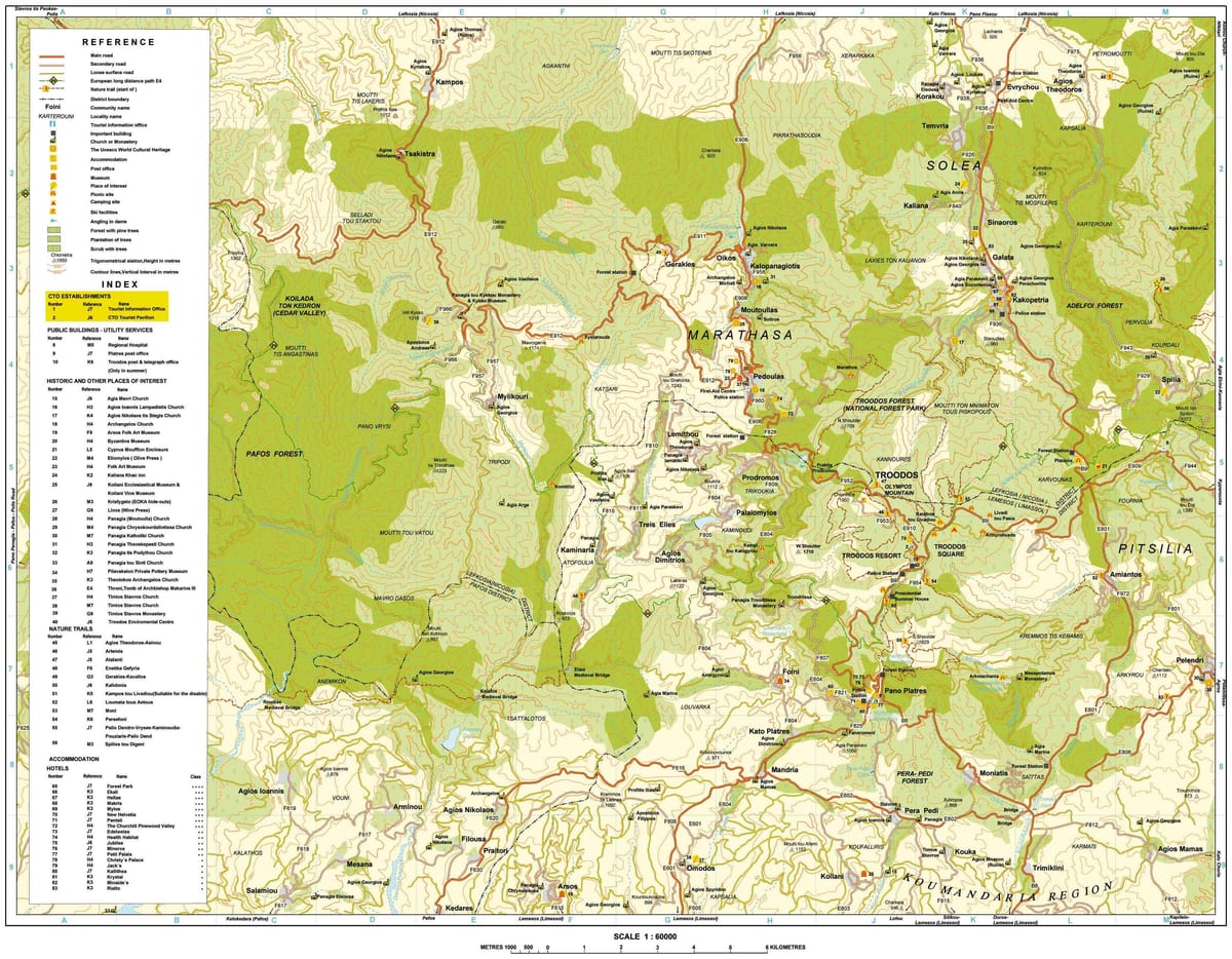 mapa pohoří troodos na Kypru
